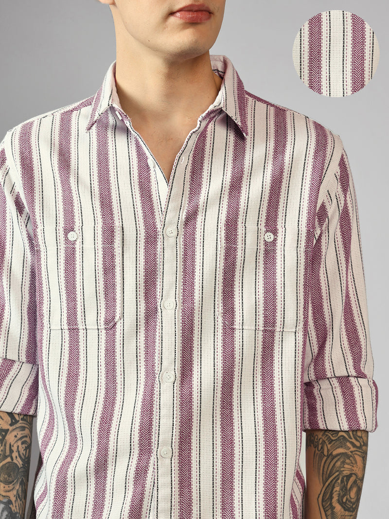 Men's Maroon Striped Spread Collar Long Sleeves Relaxed Fit Casual Shirt