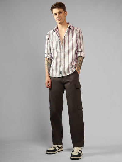 Men's Maroon Striped Spread Collar Long Sleeves Relaxed Fit Casual Shirt