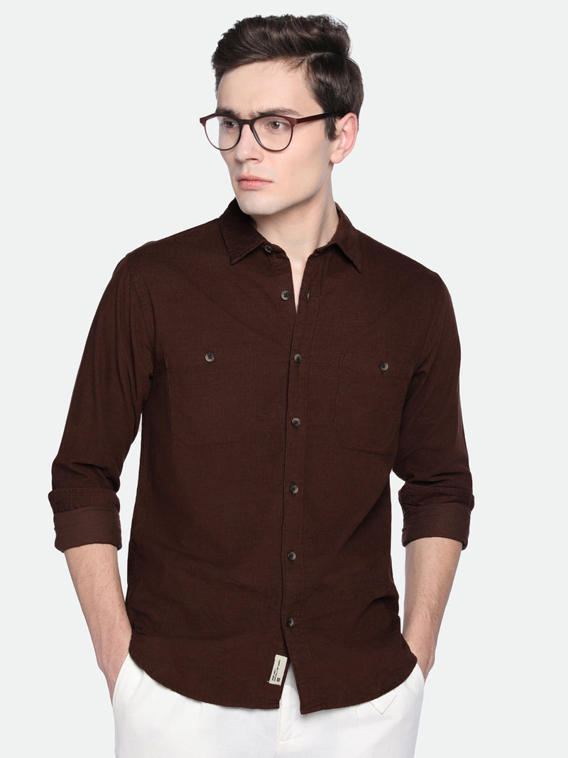 Men's Brown Slim Fit Solid Spread Collar Casual Shirt