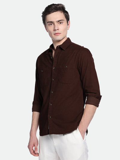 Men's Brown Slim Fit Solid Spread Collar Casual Shirt