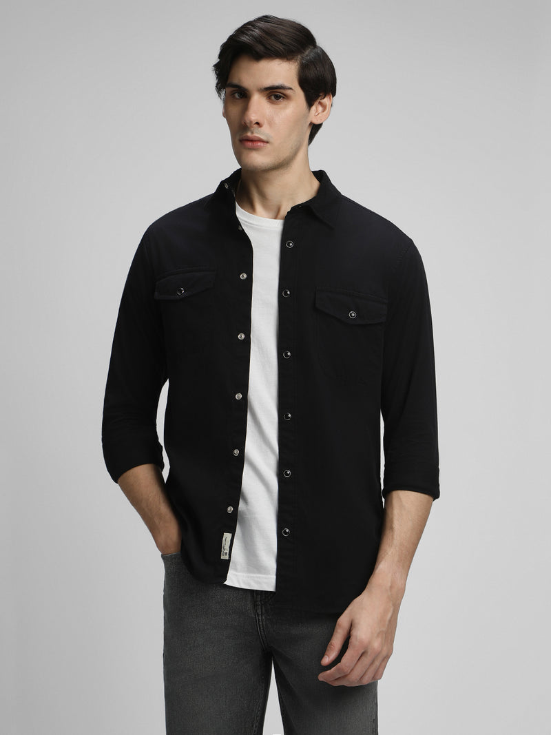 Men's Regular Collar Slim Fit Solid Black Casual Shirts