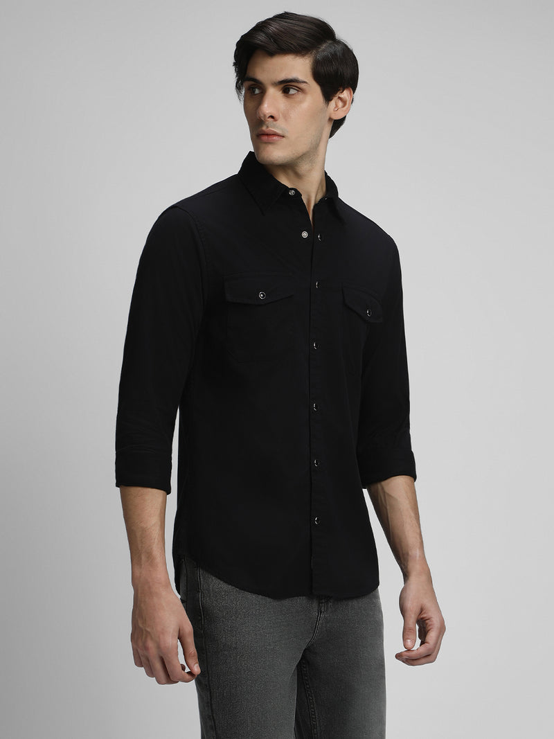 Men's Regular Collar Slim Fit Solid Black Casual Shirts