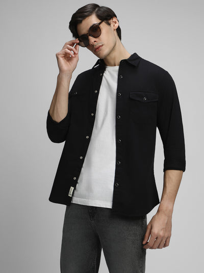 Men's Regular Collar Slim Fit Solid Black Casual Shirts