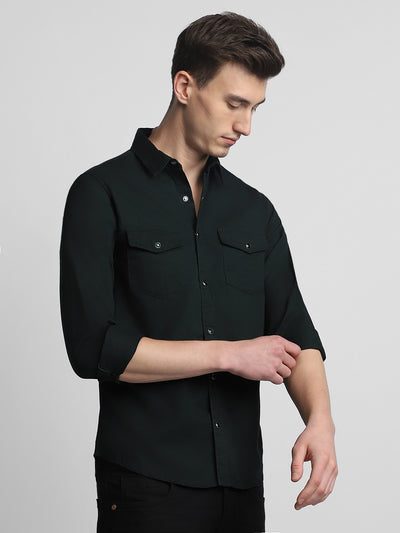 Men's Regular Collar Slim Fit Solid Green Casual Shirts