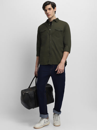 Men's Regular Collar Slim Fit Solid Olive Casual Shirts