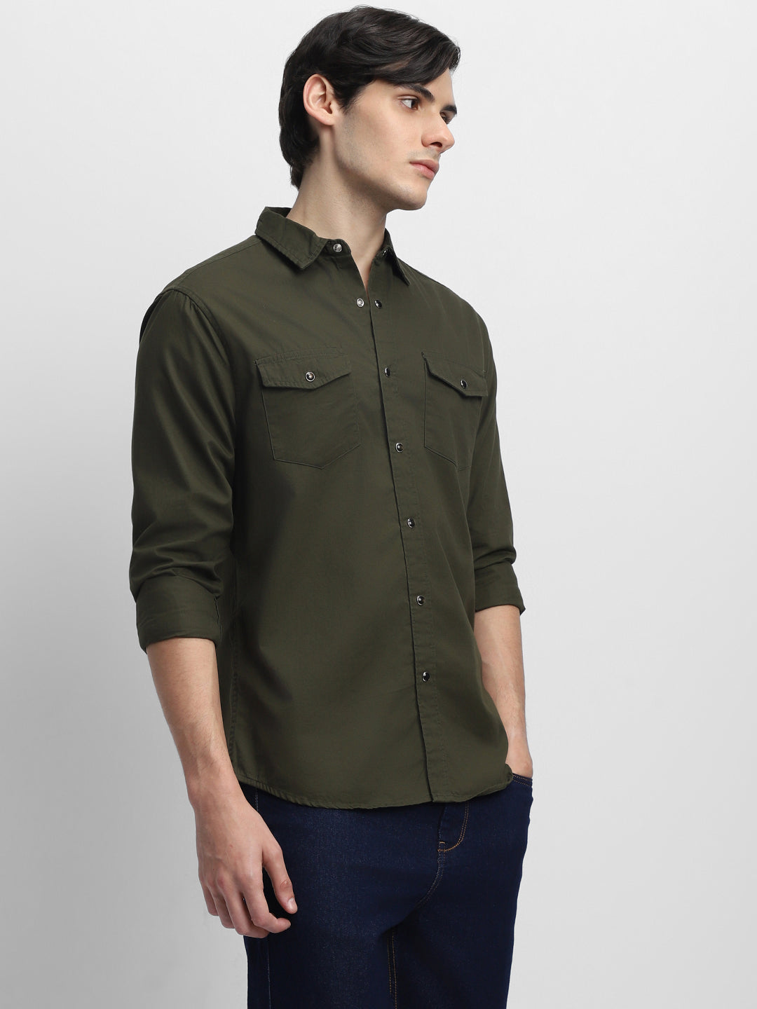 Men's Regular Collar Slim Fit Solid Olive Casual Shirts