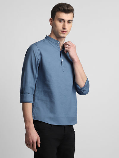 Men's Pop Over Mandarin Collar Slim Fit Solid Dark Blue Casual Shirts