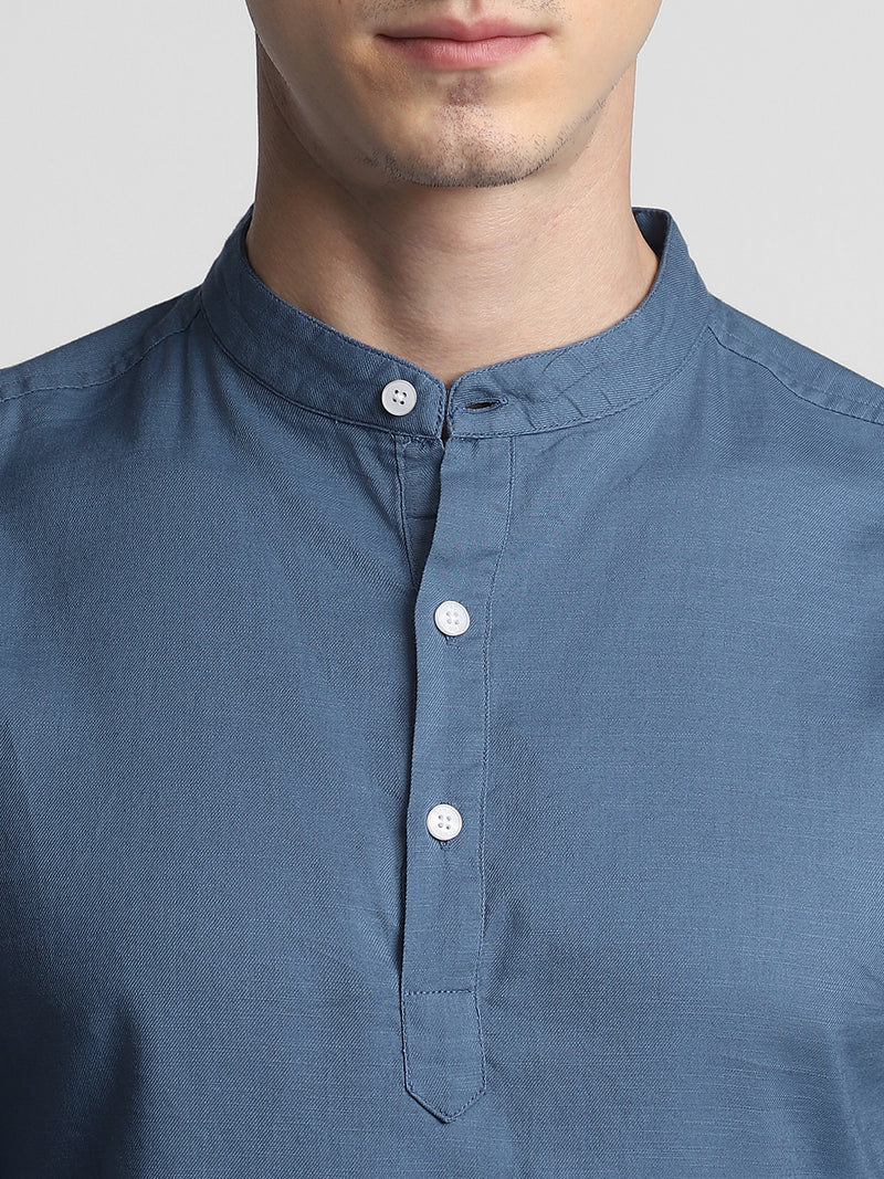 Men's Pop Over Mandarin Collar Slim Fit Solid Dark Blue Casual Shirts