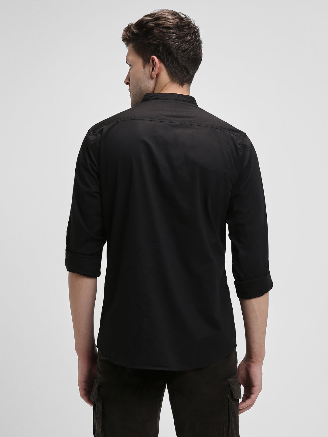 Men's Pop Over Mandarin Collar Slim Fit Solid Black Casual Shirts