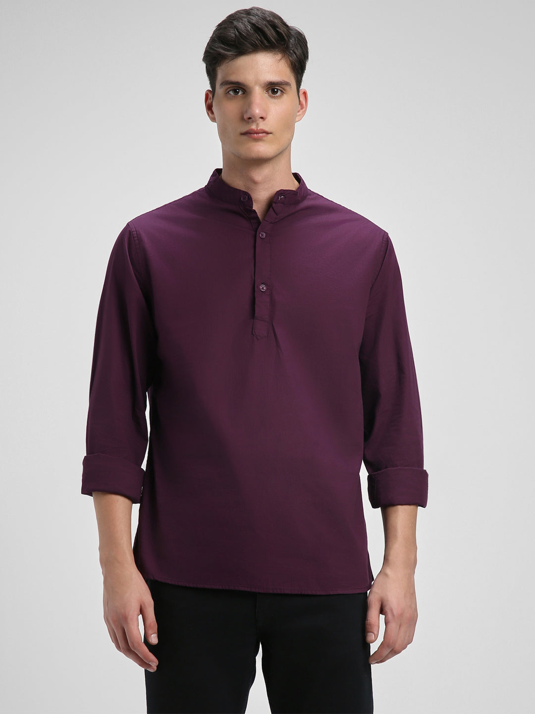 Men's Pop Over Mandarin Collar Slim Fit Solid Purple Casual Shirts