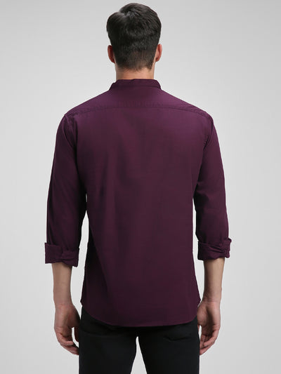 Men's Pop Over Mandarin Collar Slim Fit Solid Purple Casual Shirts