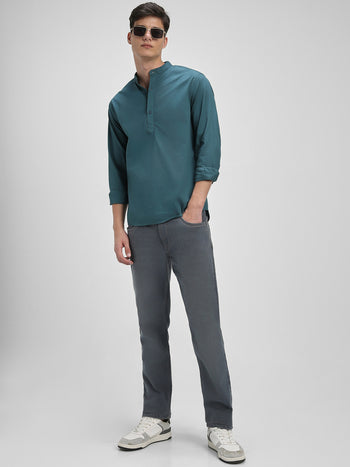 Men's Pop Over Mandarin Collar Slim Fit Solid Teal Casual Shirts