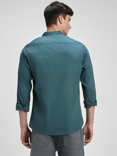 Men's Pop Over Mandarin Collar Slim Fit Solid Teal Casual Shirts