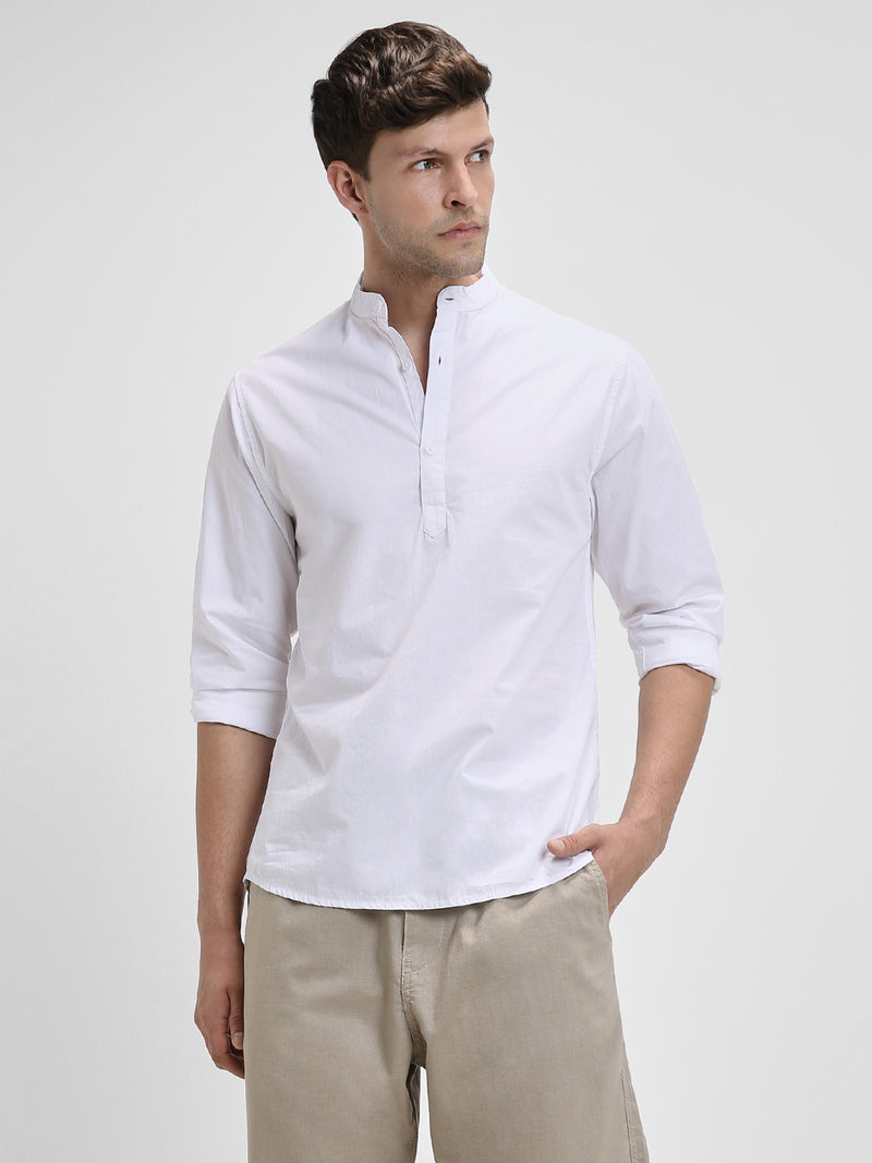 Men's Pop Over Mandarin Collar Slim Fit Solid White Casual Shirts