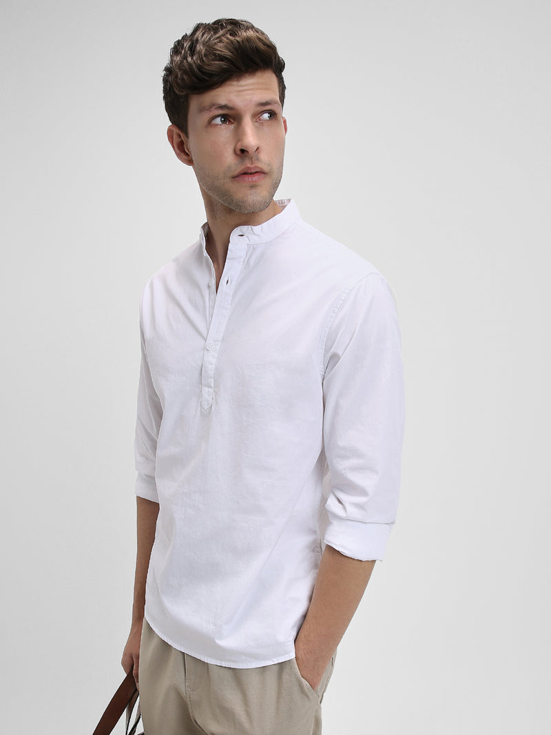 Men's Pop Over Mandarin Collar Slim Fit Solid White Casual Shirts