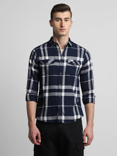 Men's Regular Collar Regular Fit Checks Navy Casual Shirts