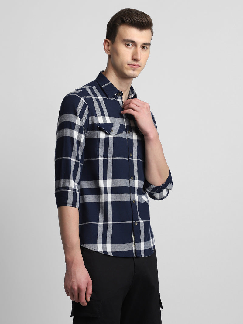 Men's Regular Collar Regular Fit Checks Navy Casual Shirts