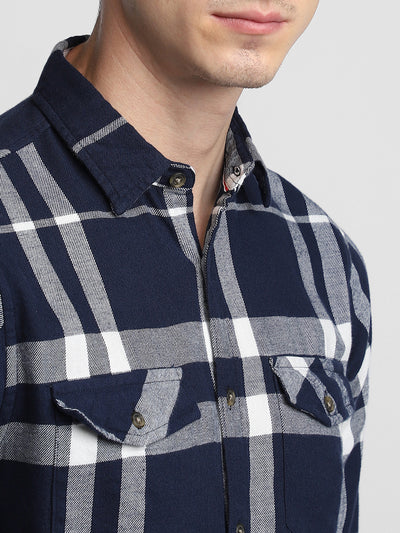 Men's Regular Collar Regular Fit Checks Navy Casual Shirts