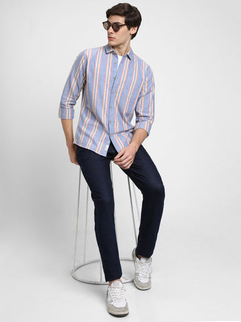 Men's Regular Collar Slim Fit Stripes Blue Casual Shirts