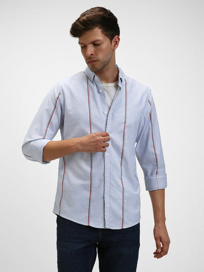 Men's Button Down Collar Slim Fit Stripes Blue Casual Shirts