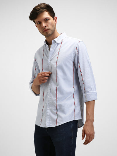 Men's Button Down Collar Slim Fit Stripes Blue Casual Shirts