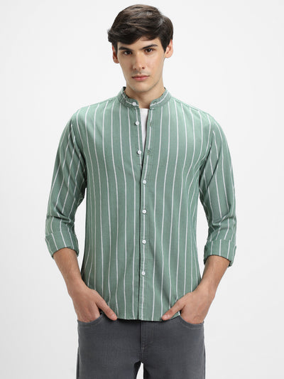 Men's Mandarin Collar Slim Fit Stripes Green Casual Shirts