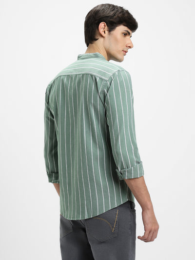 Men's Mandarin Collar Slim Fit Stripes Green Casual Shirts