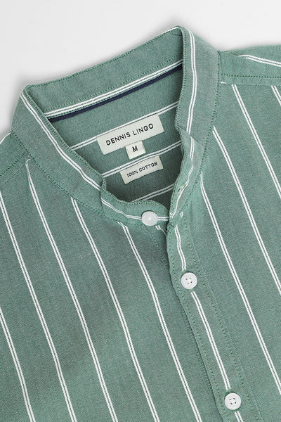 Men's Mandarin Collar Slim Fit Stripes Green Casual Shirts