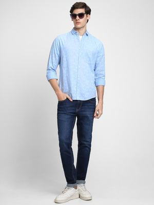 Dennis Lingo Men's Regular Collar Slim Fit Print Blue Casual Shirts