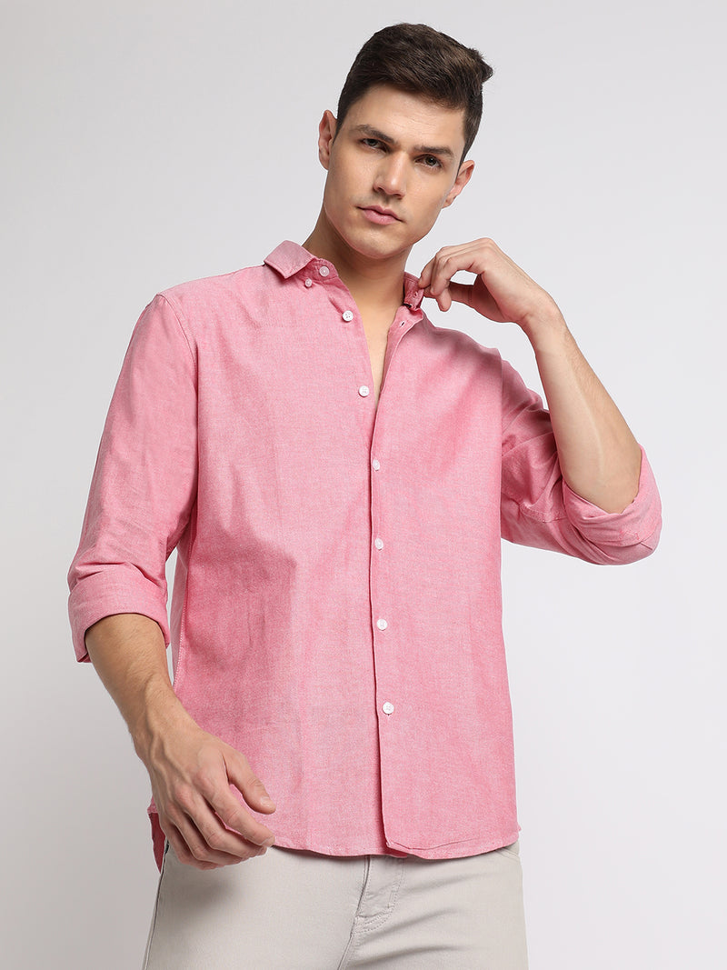 Men's Regular Collar Slim Fit Solid Pink Casual Shirts