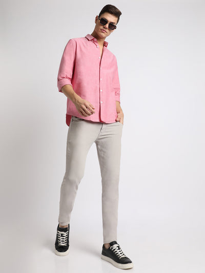 Men's Regular Collar Slim Fit Solid Pink Casual Shirts