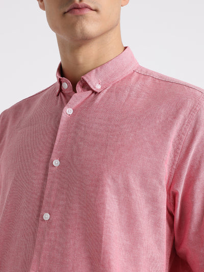 Men's Regular Collar Slim Fit Solid Pink Casual Shirts