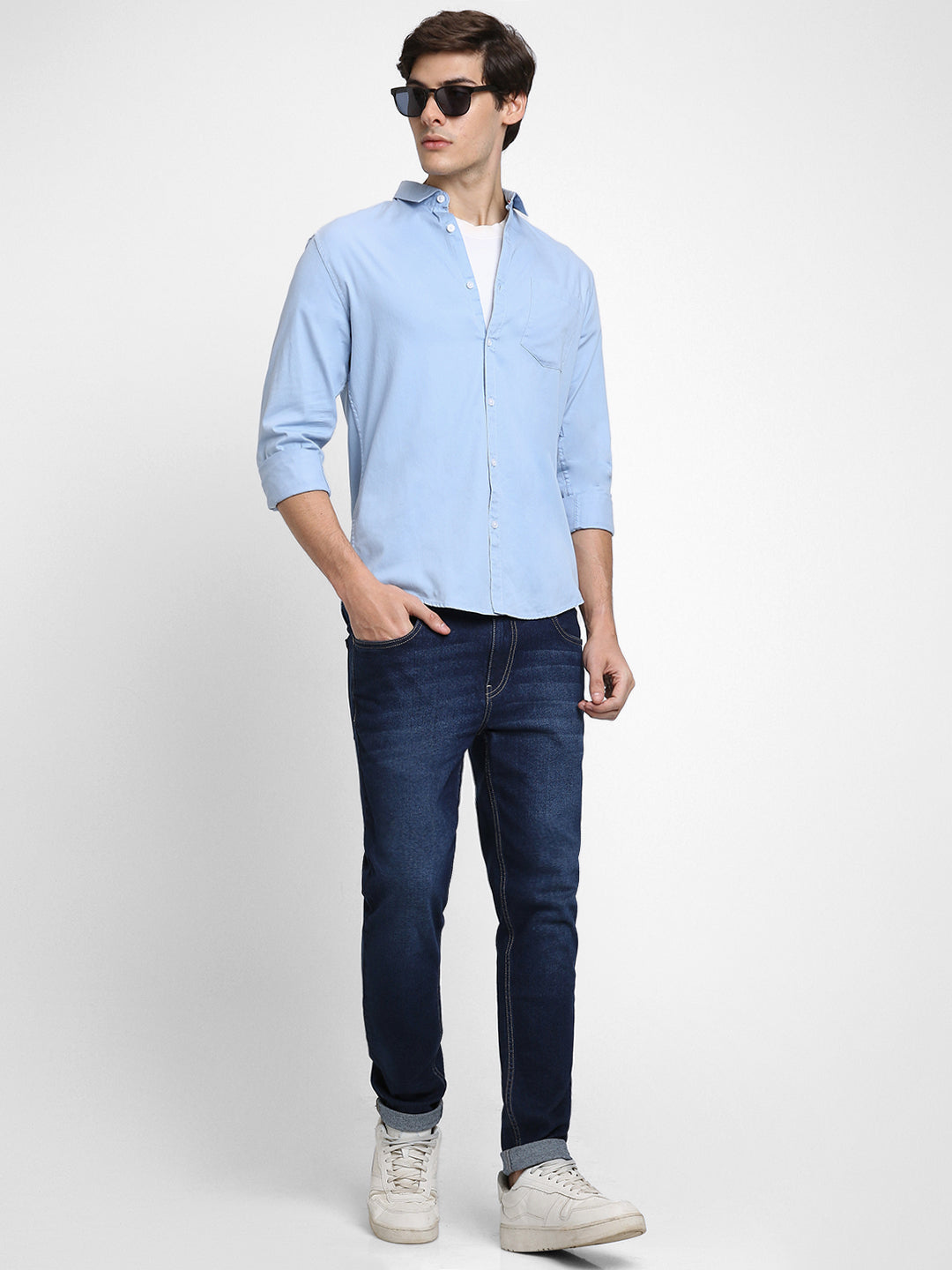 Men's Regular Collar Regular Fit Solid Blue Casual Shirts