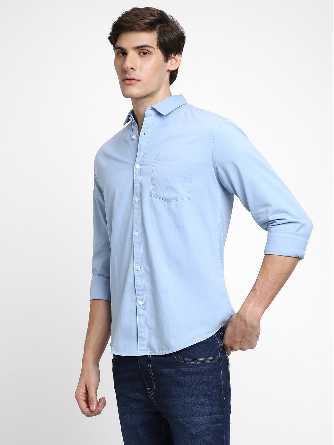 Dennis Lingo Men's Regular Collar Regular Fit Solid Blue Casual Shirts