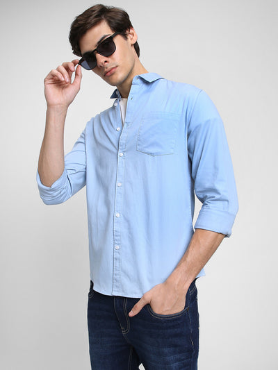 Men's Regular Collar Regular Fit Solid Blue Casual Shirts