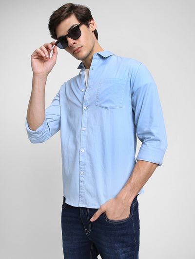 Dennis Lingo Men's Regular Collar Regular Fit Solid Blue Casual Shirts