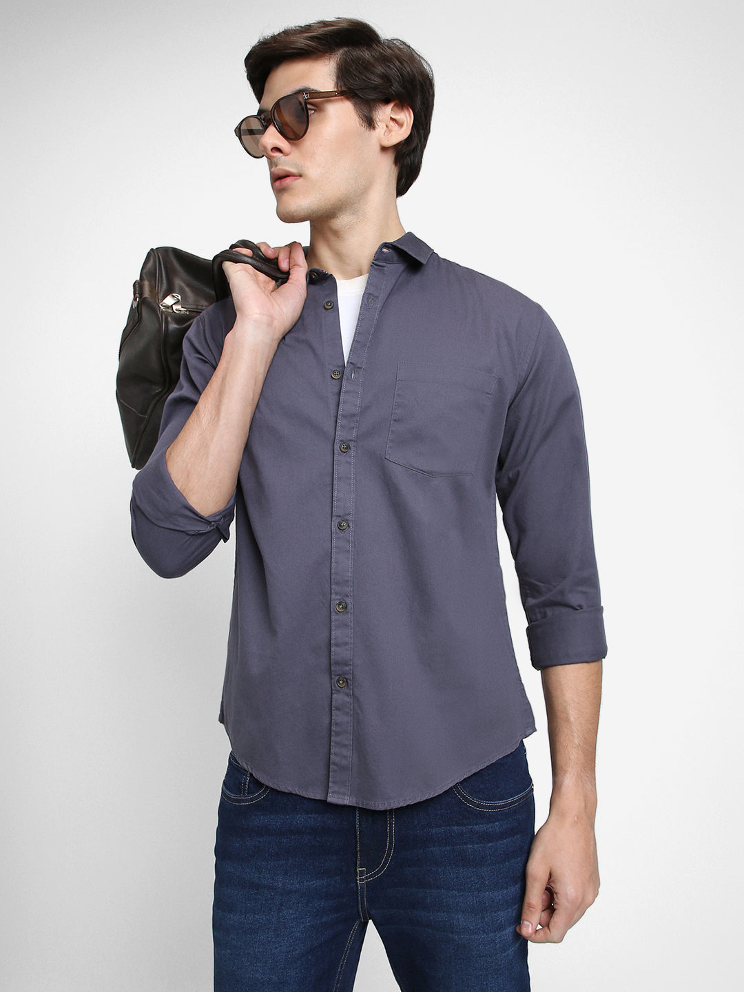 Men's Regular Collar Regular Fit Solid Grey Casual Shirts