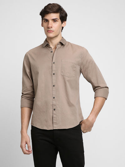 Men's Regular Collar Regular Fit Solid Khaki Casual Shirts