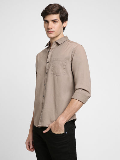 Men's Regular Collar Regular Fit Solid Khaki Casual Shirts