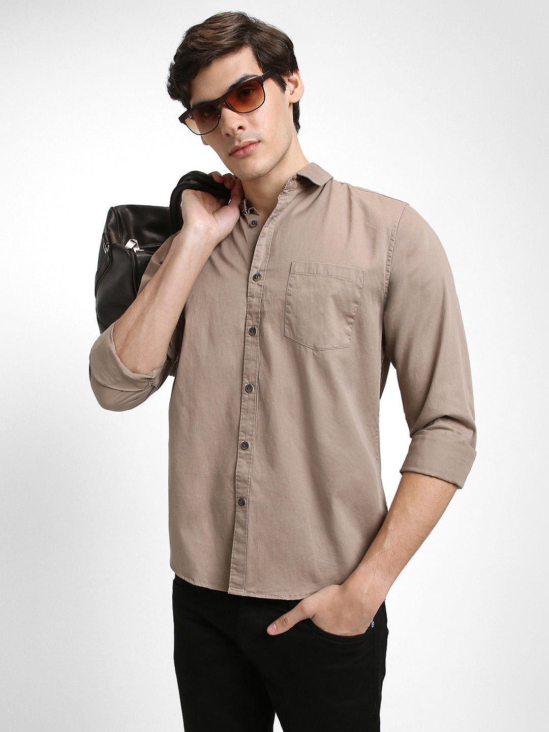 Men's Regular Collar Regular Fit Solid Khaki Casual Shirts