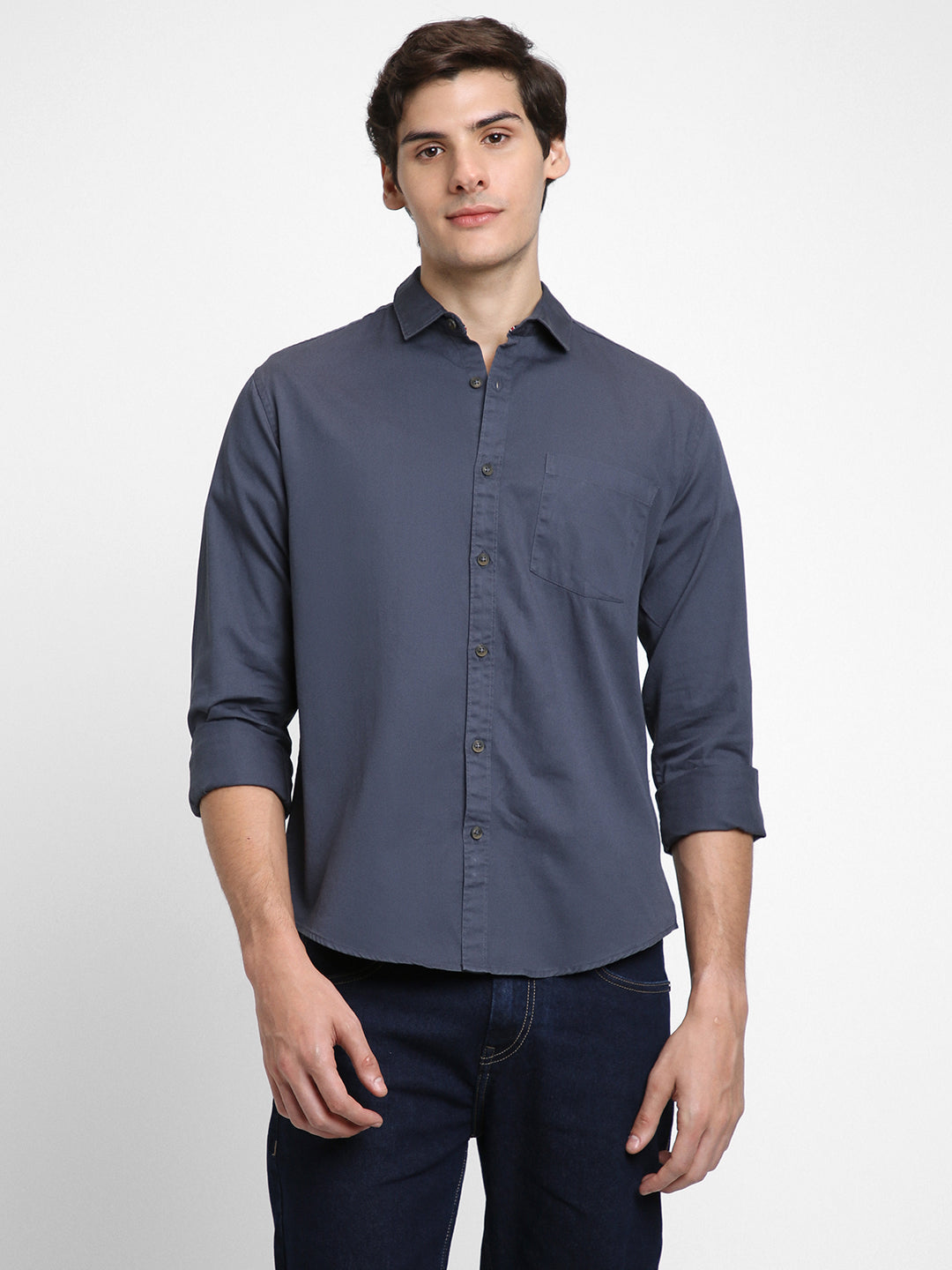 Men's Regular Collar Regular Fit Solid Navy Casual Shirts