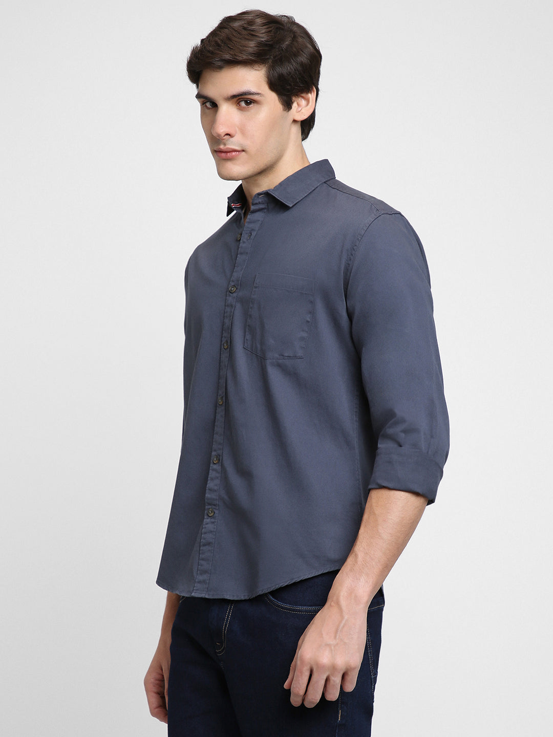 Men's Regular Collar Regular Fit Solid Navy Casual Shirts