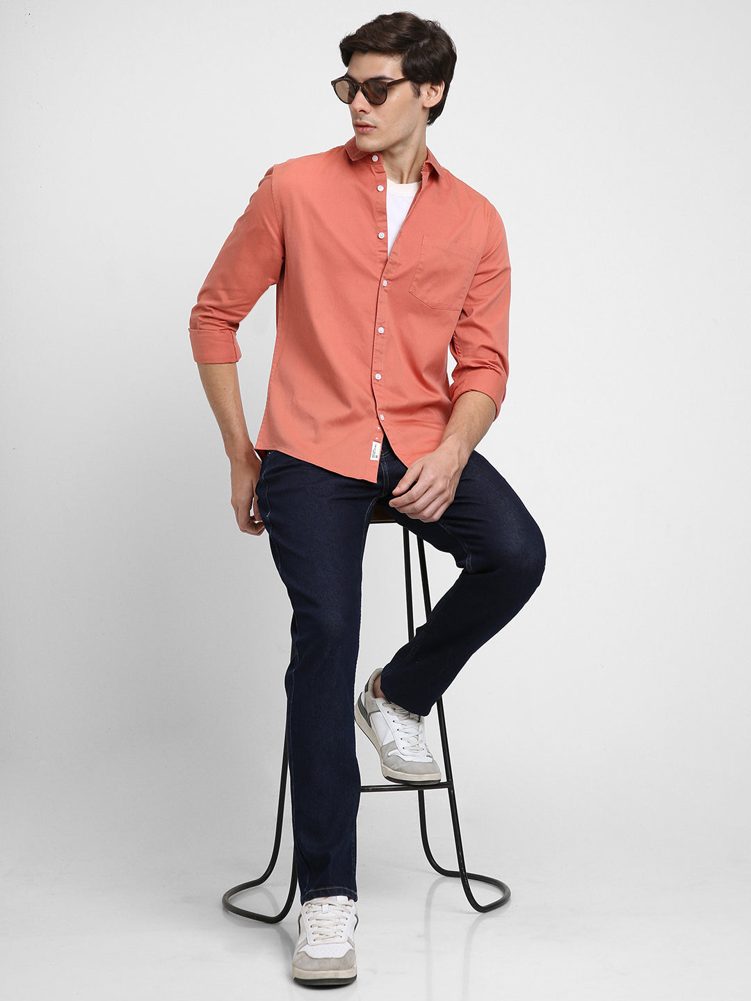 Men's Regular Collar Regular Fit Solid Orange Casual Shirts