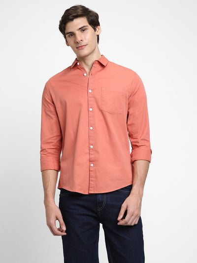 Men's Regular Collar Regular Fit Solid Orange Casual Shirts