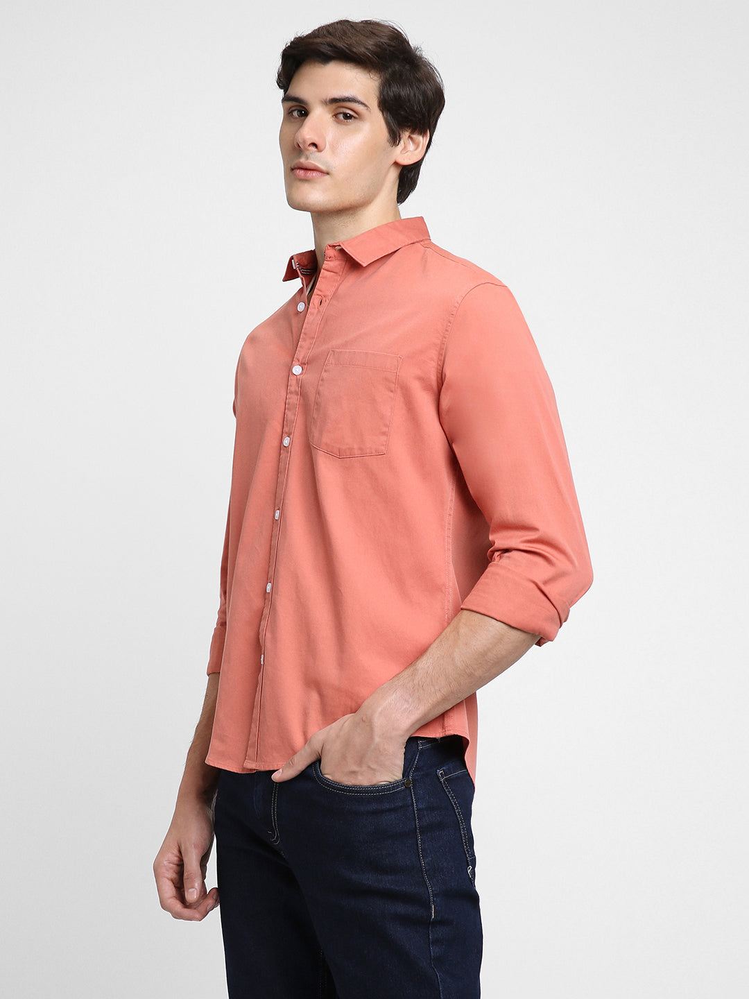 Men's Regular Collar Regular Fit Solid Orange Casual Shirts