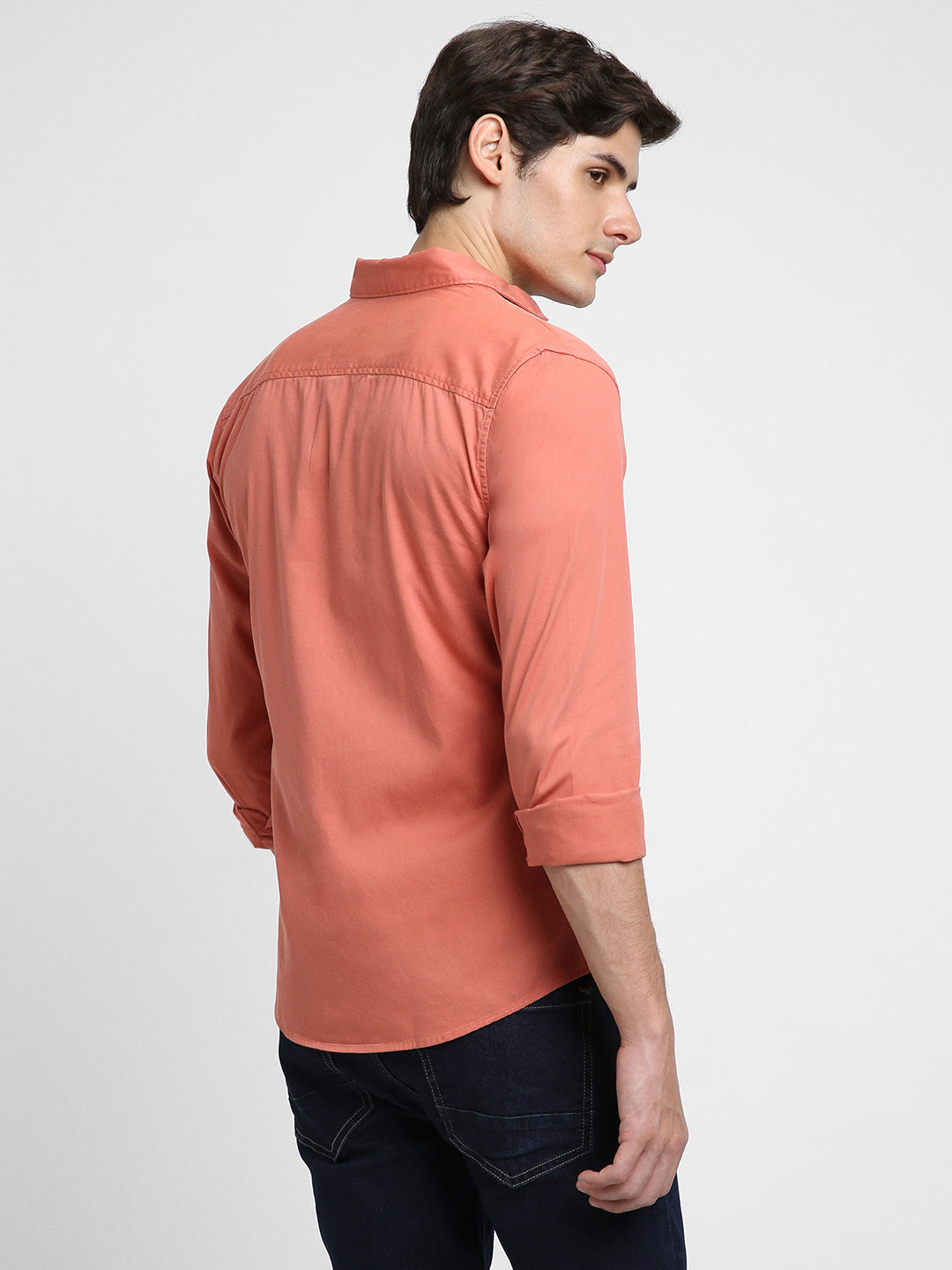 Men's Regular Collar Regular Fit Solid Orange Casual Shirts