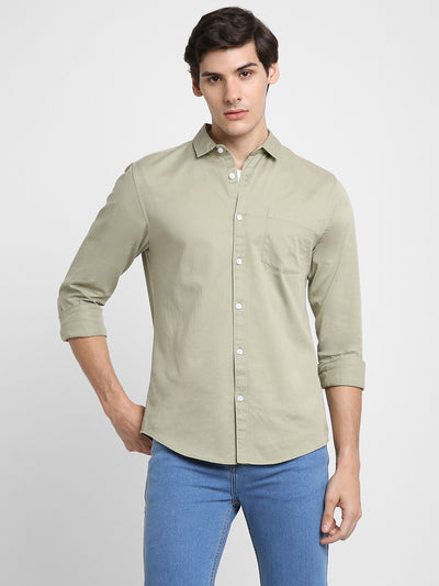 Men's Regular Collar Regular Fit Solid Pista Green Casual Shirts