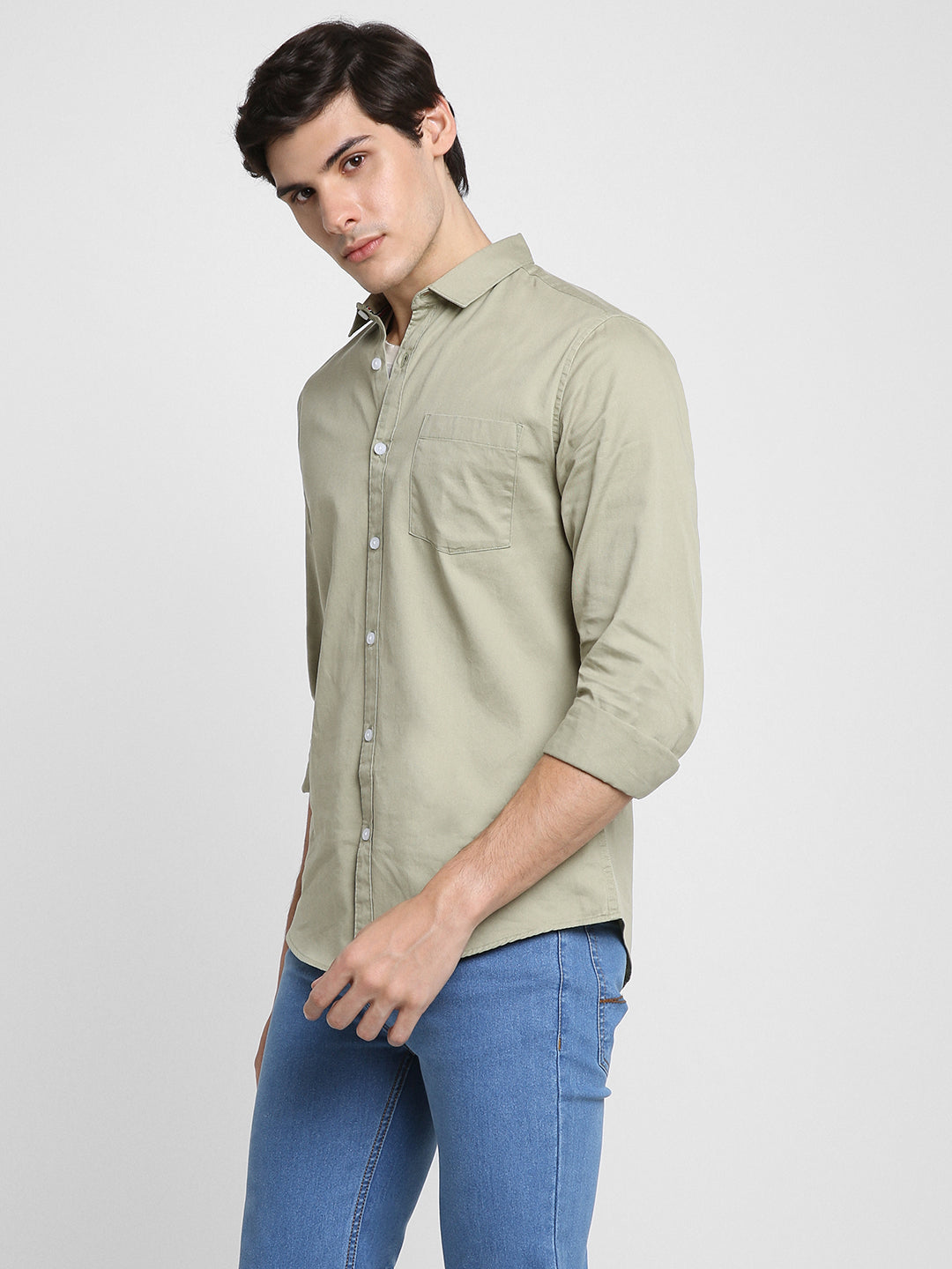 Men's Regular Collar Regular Fit Solid Pista Green Casual Shirts