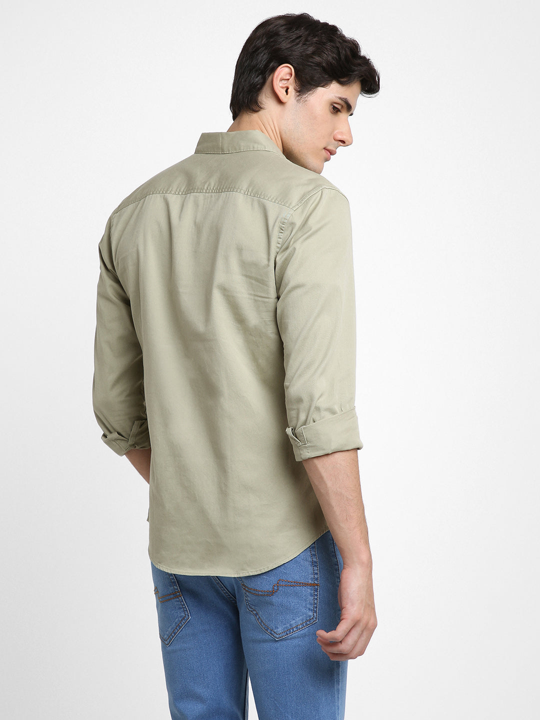 Men's Regular Collar Regular Fit Solid Pista Green Casual Shirts