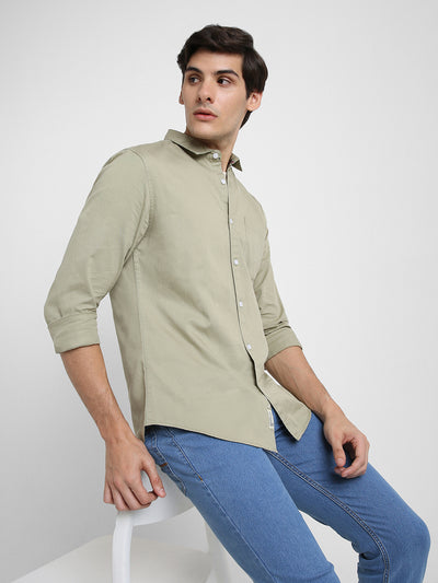 Men's Regular Collar Regular Fit Solid Pista Green Casual Shirts